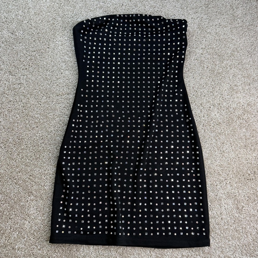 B Smart Dress Womens M Black Strapless Rhinestone Bodycon Mini Party Clubwear